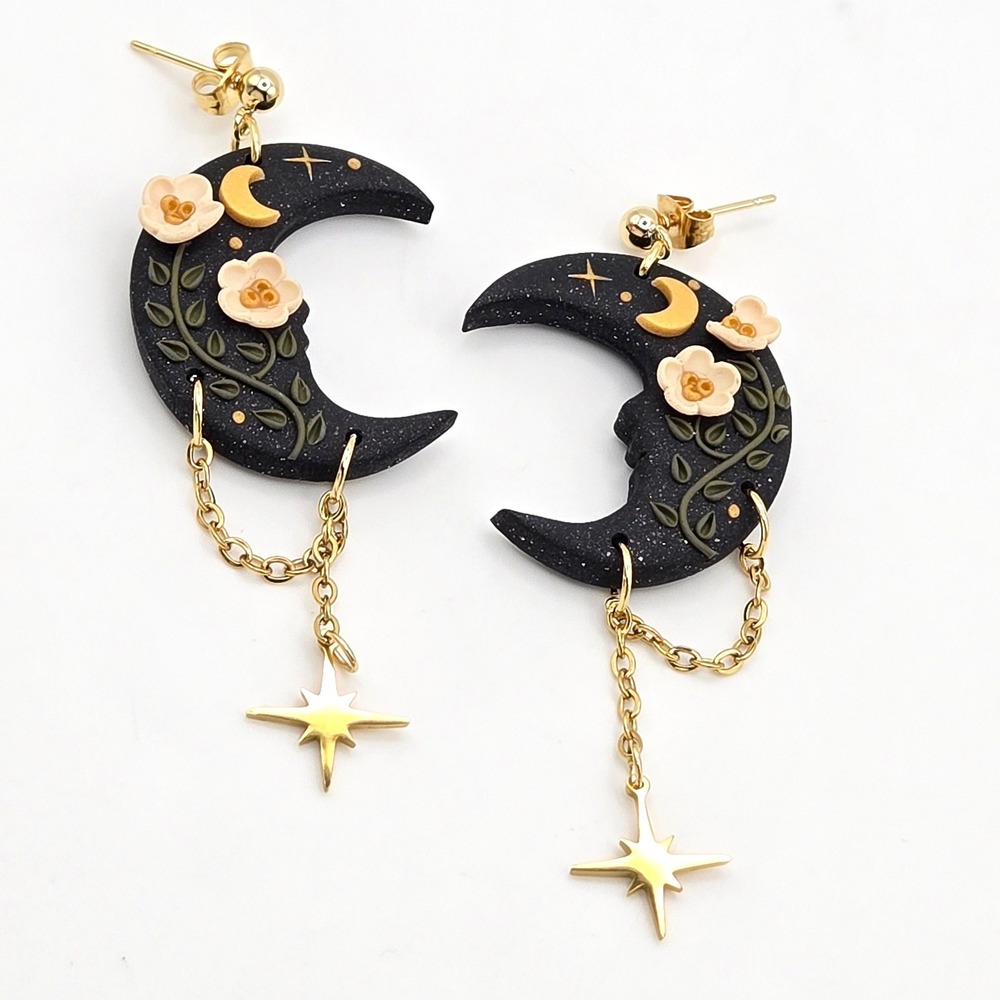 Handmade Dark Forest Crescent Moon Flower Star Dangle Earrings Black Gold Tone - Picture 3 of 8
